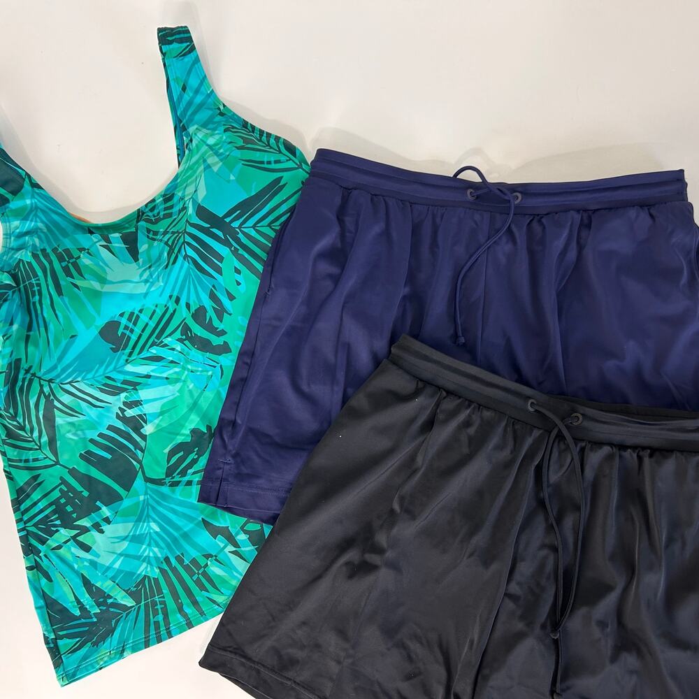 LL Bean Swim Tankini Top Shorts Lot of 3 Large Tropical Black Blue